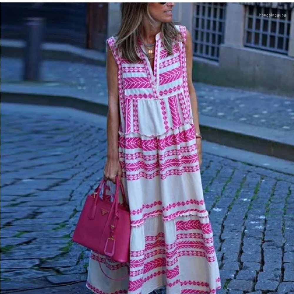 Pink and White Boho Maxi Pink Geo Dress